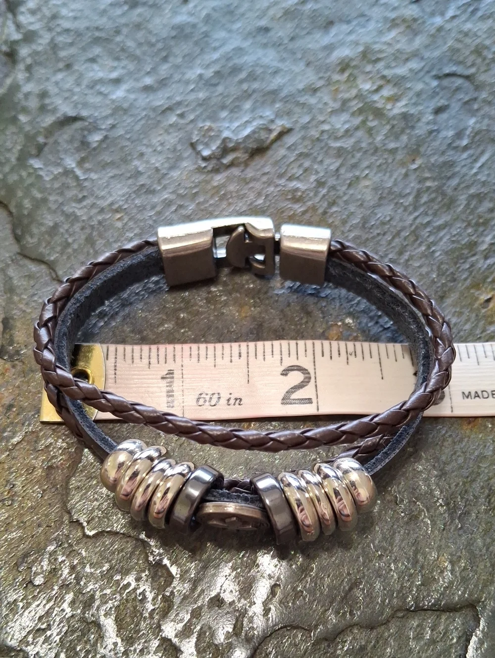 Black Leather Cross Bracelet with Metal Beads